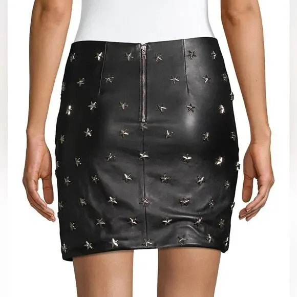 Alice + Olivia Fidela Black Silver Stars Stud Drape 100% Leather Mini Skirt 0 - Picture 3 of 9